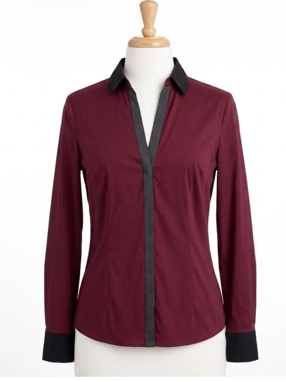 HUGO BOSS Burgundy Silk Trim Long Sleeve Button Up Shirt Size 2 Cotton Blend